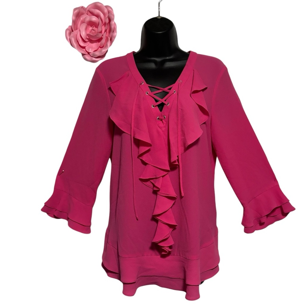 Melissa Paige hot pink ruffled laced grommet 3/4 sleeves double ruffle hem